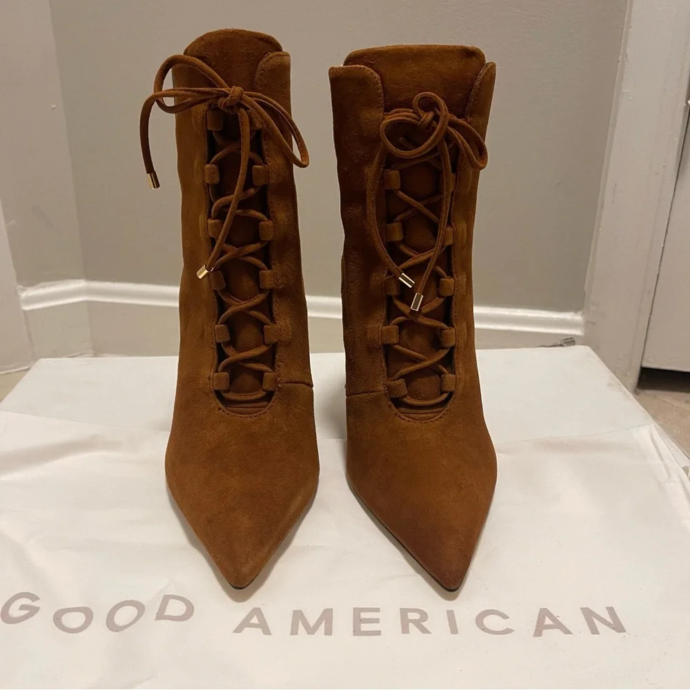 Good American Scandal Brown Suede Lace Up Gold Heel Point Toe Booties
